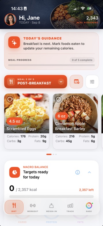 Meal ID app showing today's meal plan: calories remaining, meal progress, and food cards with macros