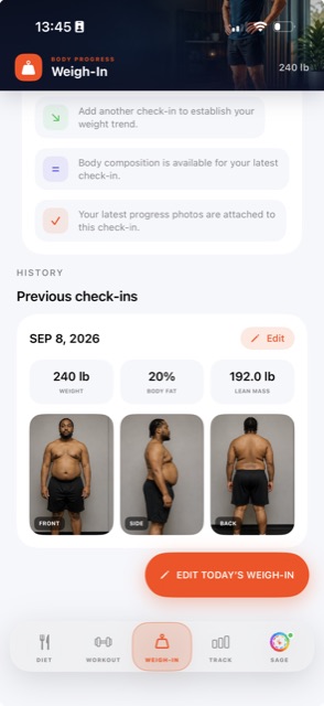 Meal ID Weigh-In screen with a Sep 8 check-in showing weight, body fat and lean mass plus front, side and back progress photos