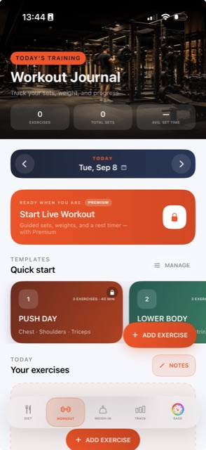 Meal ID Workout Journal screen showing today's training, quick-start templates and an exercise log